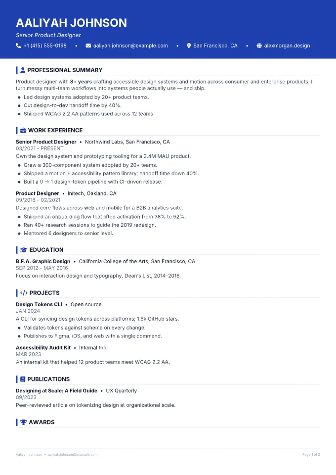 The same resume in one column with no photo