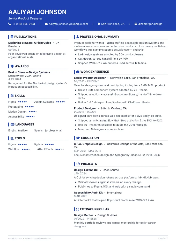 The same resume in two columns with a 38/62 split