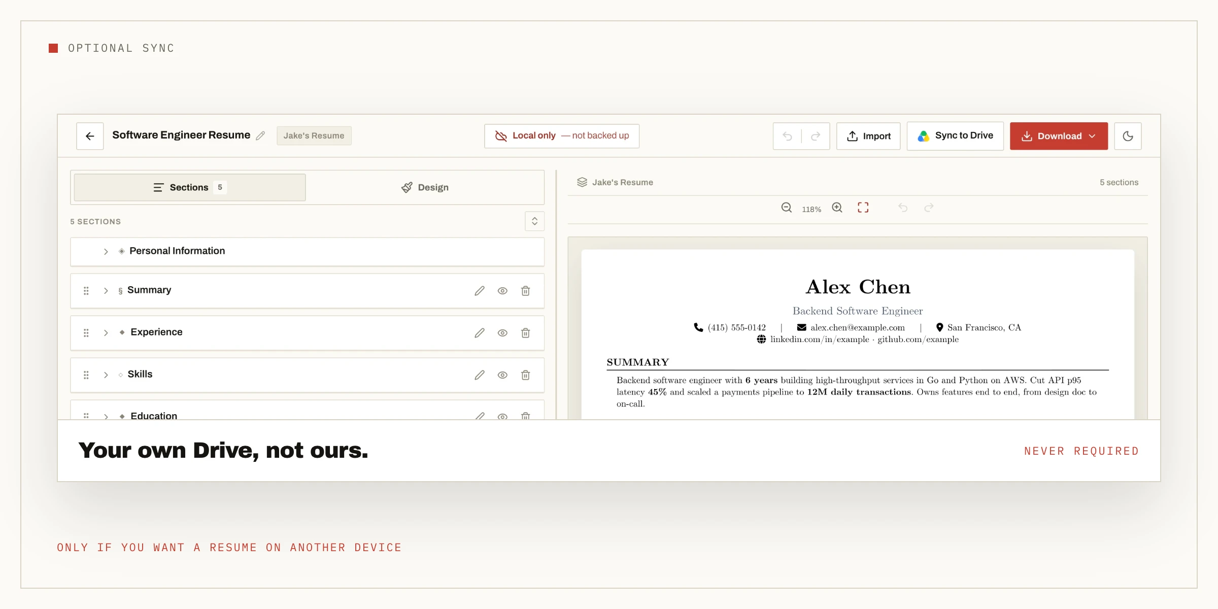 The NoCapCV editor header with the optional Sync to Drive button