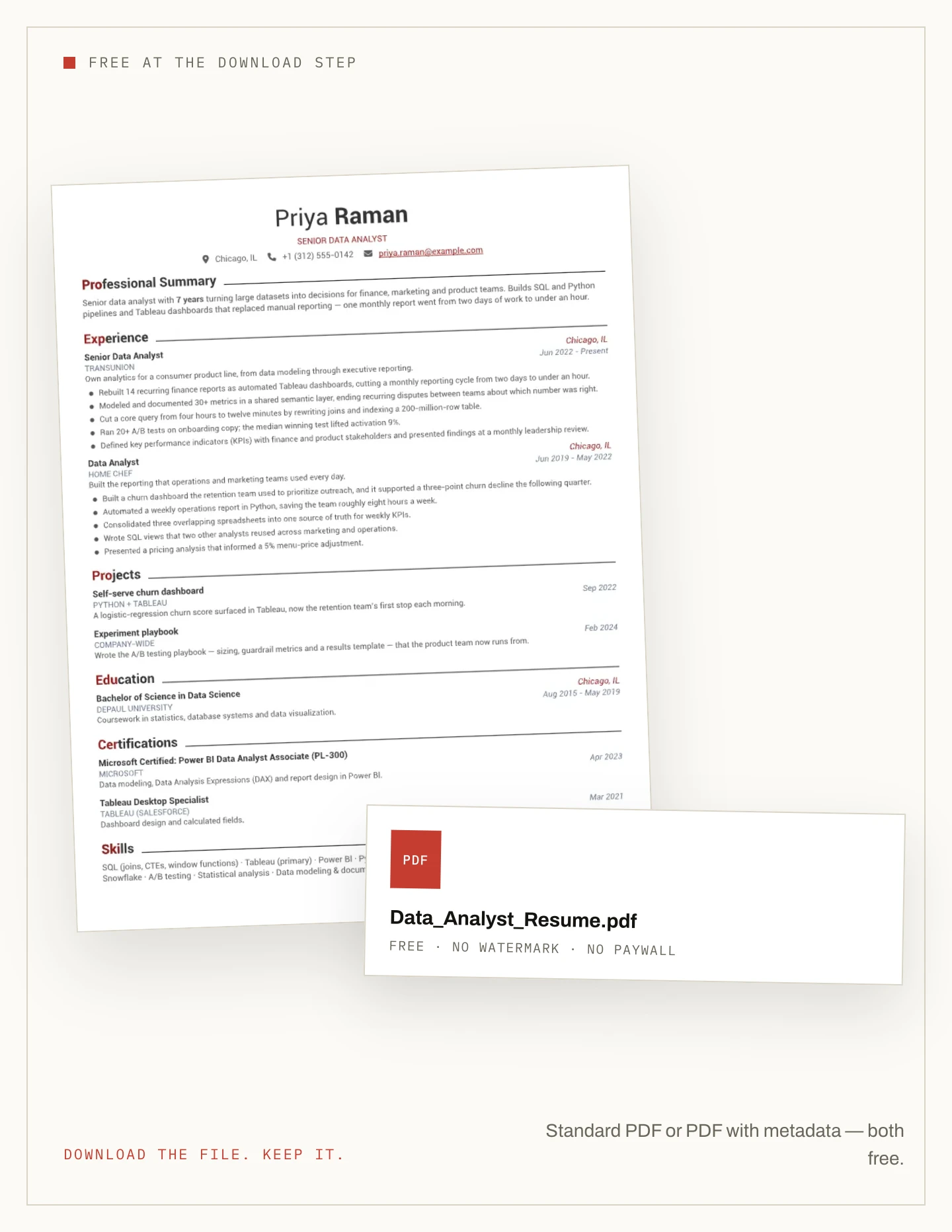 A resume and its free PDF download file card