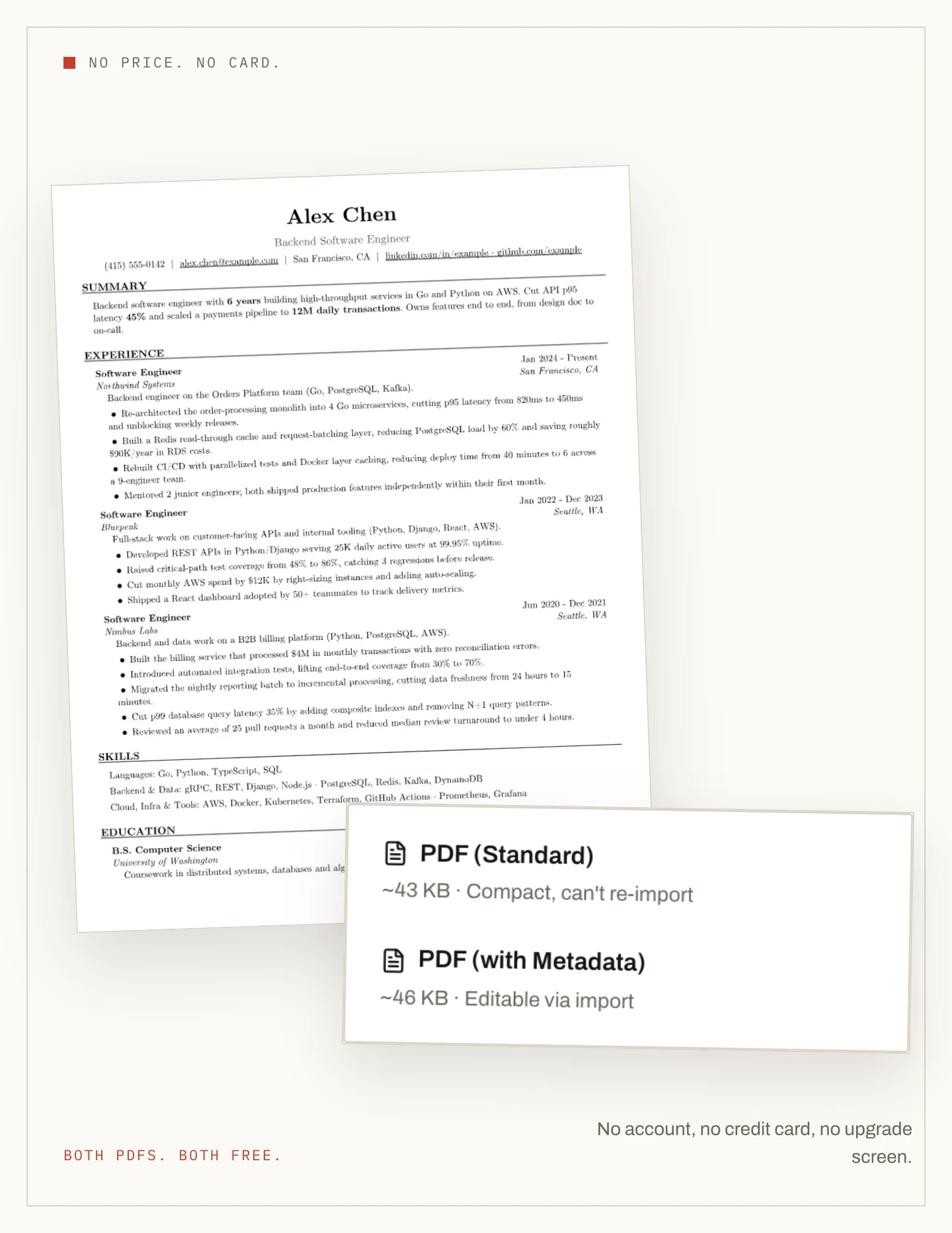 A resume beside the NoCapCV download menu — both PDF options are free and neither asks for a card