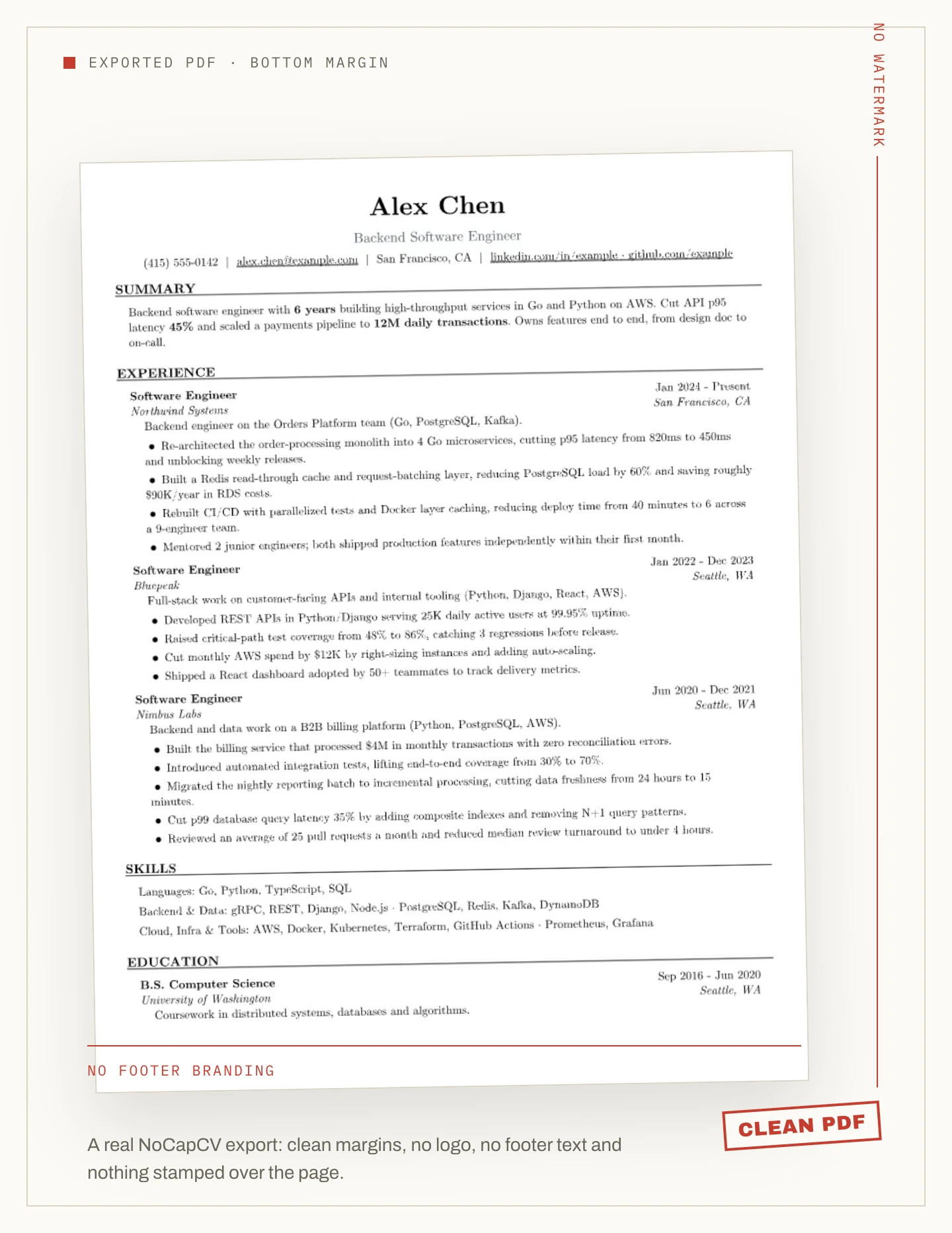 A clean exported NoCapCV resume with no watermark, logo or footer text