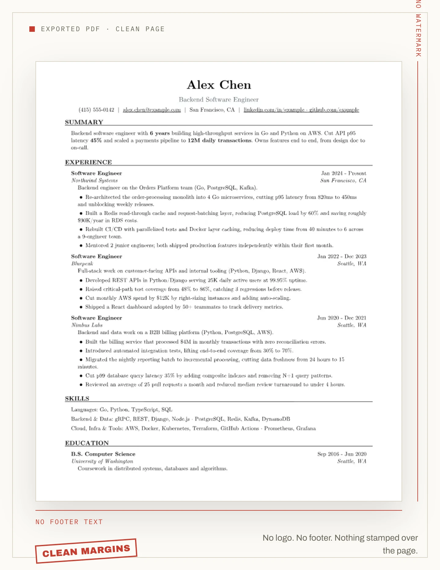 A clean exported NoCapCV PDF shown in full, with callouts for the empty footer and page edge