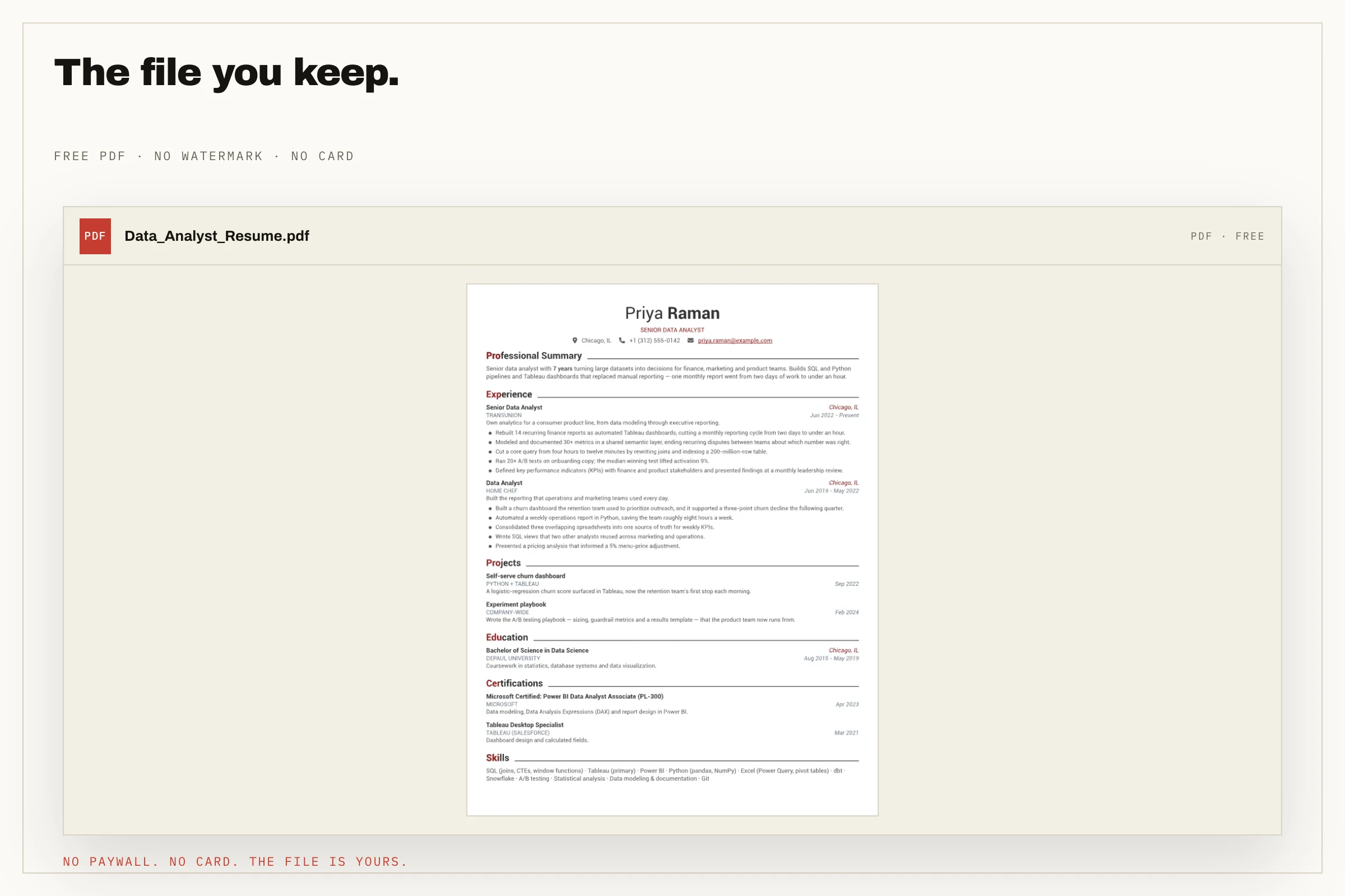 The downloaded resume open in a PDF viewer with a free-file label