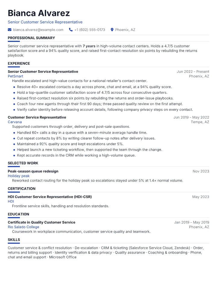 Customer Service resume sample — full page preview