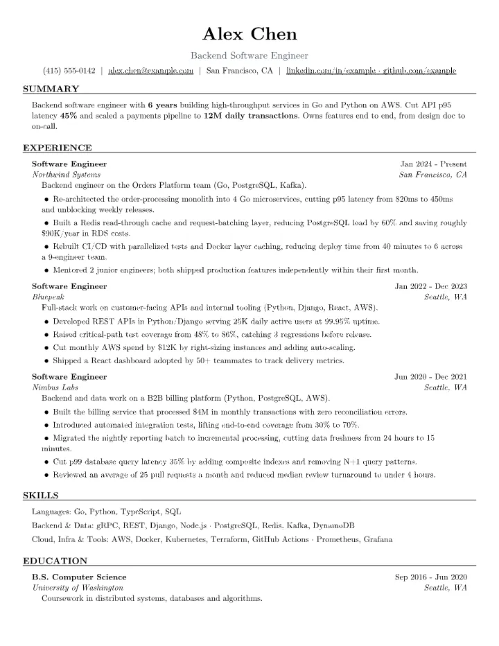 Software Engineer resume sample — full page preview