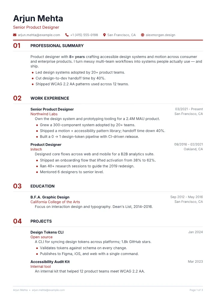 Numeral resume template — full page preview
